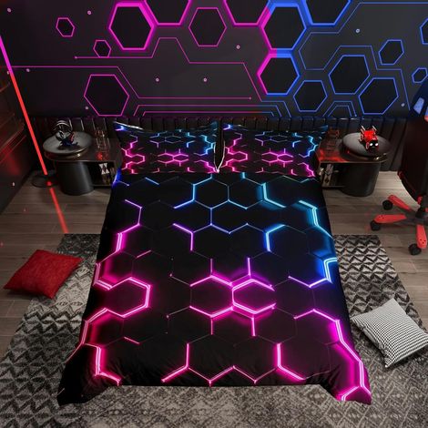 Géométrique Rouge Bleu Noir Imprimé Hexagonal Enfants adolescents Décoratif Honeycomb Housse de Couette Fermeture éclair Ensemble Housse de Couette 135x200cm (1/5)