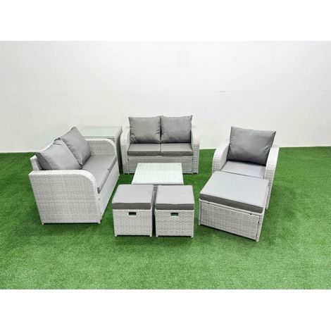 Fimous High Back Poly Rattan Garden Furniture Set with Reclining Chair Loveseat Sofa Square Coffee Table Indoor Outdoor Patio Set 3 Stools Side Table Light Grey (1/4)
