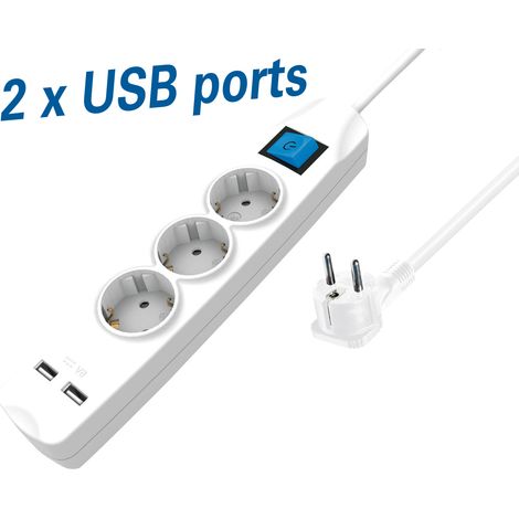 Transmedia NV56 - Striscia di alimentazione  3 Prese multiple con Presa multiuso, con 2 Porte de Ricarica USB e Presa con protezione de Contatto, Striscia di alimentazione de Prese a muro de 5 m (1/5)