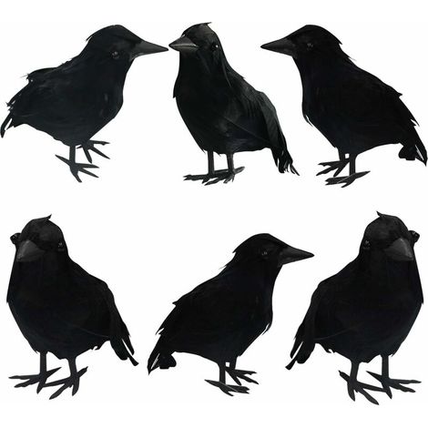 Corbeaux À Plumes Noires D'Halloween, Paquet De 6 Oiseaux De Décoration D'Halloween Avec De Vraies Plumes (1/5)