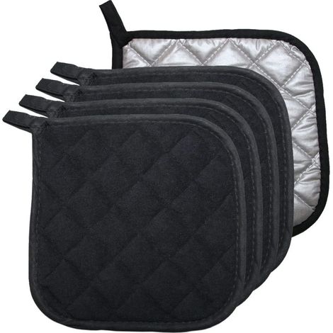 Juego de cinco salvamanteles de algodón resistentes al calor, protectores aislantes térmicos para mangos de ollas, tapetes no permanentes para hornear y cocinar, color negro. (1/5)