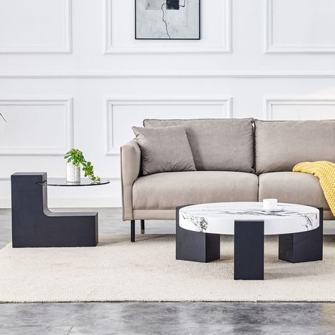 Table d'appoint ronde à 2 niveaux bout de canapé moderne démontable verre gris transparent MDF noir effet marbre blanc (1/5)