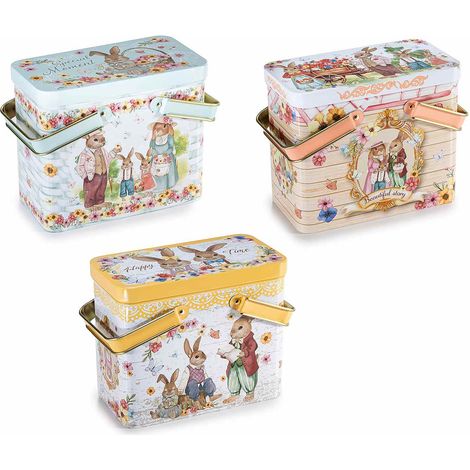 Scatoline a cestino adatte al contatto alimentare in metallo con manici e stampa pasquale, set da 6 pezzi, cm15x8x12,5H (con manici16)