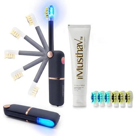 Brosse à dents électrique pliable sonique voyage adulte léger  UVC autonettoyant, LED blanchit. 6 têtes. Compact, pile AAA, maison/voyage. (1/5)
