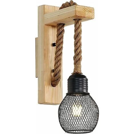 Applique murale vintage en bois massif - Style industriel rétro - Corde de chanvre - Applique rustique pour éclairage intérieur - Abat-jour en métal - Culot E27