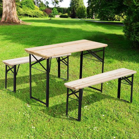 Table de Camping Pique-Nique Pliable Portable + 2 bancs Pliables métal époxy Noir Bois Massif Sapin (1/5)