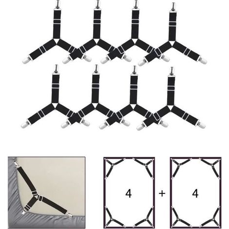Lot de 8 sangles réglables pour drap de lit, attaches triangulaires élastiques pour housses de matelas, Tendeur Drap Housse - Noir (1/4)