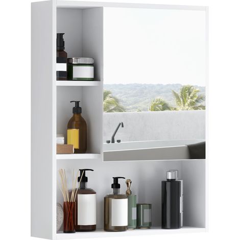 Beyamis Badezimmerschrank mit verstellbaren Einlegeböden, Badezimmerspiegelschrank mit Staufach, Wandmontage, 60 x 15 x 76 cm, Weiß