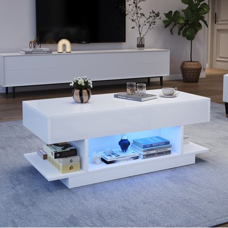 Table basse relevable 98x45x40 cm blanche en panneau de particules avec LED et rangement (1/5)