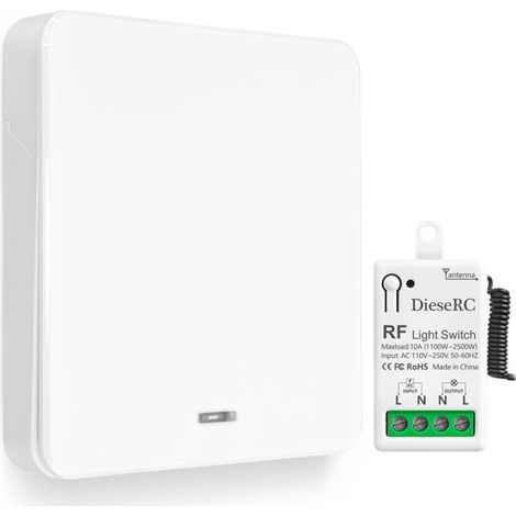 Wireless Light Switch, RF Transmitter Switch for Type 86 Wall Panel and 10A Relay Controller-Receiver, for Lights Up to 1500W (1/4)