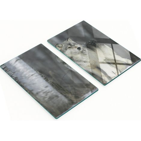 Planches de service décoratives en verre pour apéritifs, motif Loup Gris, 2 x 30 x 52 cm (1/5)