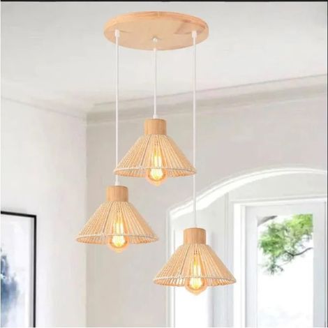 3lampes Lampes Suspensions Luminaires Industriel,22cm Lustre Vintage Abat-jour en Rotin Metal Style Retro pour Salon Chambre (1/5)