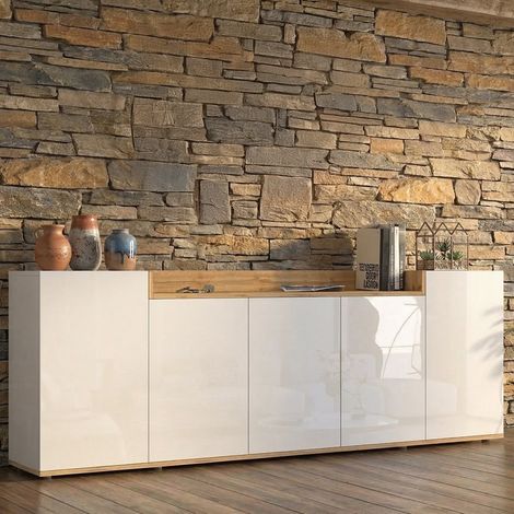 Aparador Cordele, Armario 7 Estantes, Apertura Abisagrada Made in Italy, 5 Puertas, 200x35x70h cm Blanco brillo (1/5)
