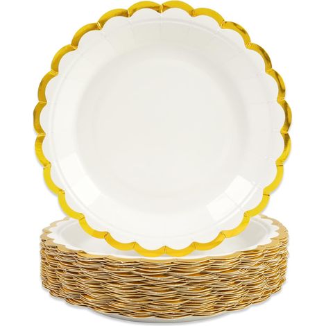 50 pièces Assiette Jetable Festonnées 18cm, Blanc Assiettes en Carton Vaisselle Jetable Anniversaire pour Barbecue Anniversaire Fête Douche de bébé Mariages Or Blanc 18cm (1/5)