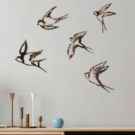 Décoration murale oiseaux en métal mordoré (lot de 5) (1/5)