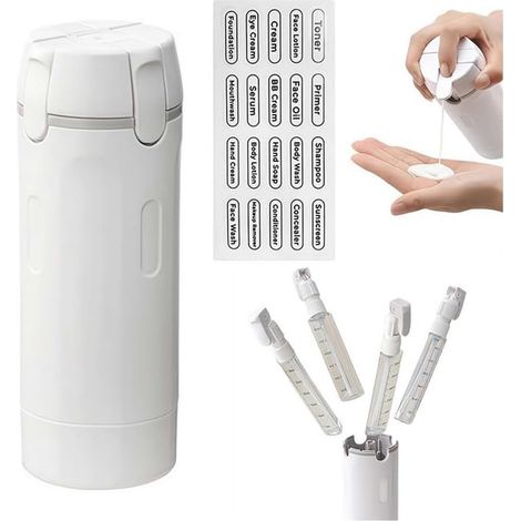 Flacons distributeurs - Distributeur de voyage 4 en 1 - Portable - Étanche - Réutilisable - Avec graduation et étiquettes, convient à un usage quotidien et au stockage de shampoing, lotions, etc., gri (1/5)