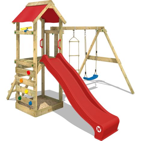 Wickey – Tour de jeu en bois avec balançoire et toboggan 220 cm – Bac à sable intégré – Résistant aux intempéries – 10 ans de garantie