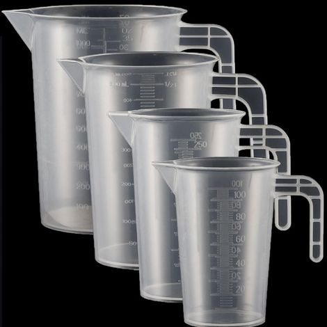 Lot de 4 verres doseurs en plastique avec poignée et graduation 100 + 250 + 500 + 1000 ml,Résistant à la chaleur,Pour cuisine,Graduation fine,Convient à un usage alimentaire (transparent) (1/5)