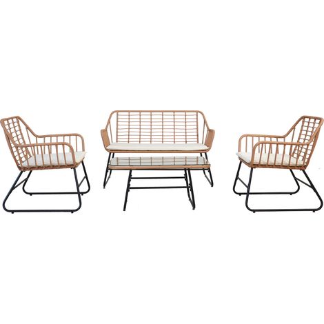 Set Salotto da Giardino Tavolo 2 Poltrone e Divano in Acciaio e Polirattan Cebu Nero Naturale e Bianco (1/2)