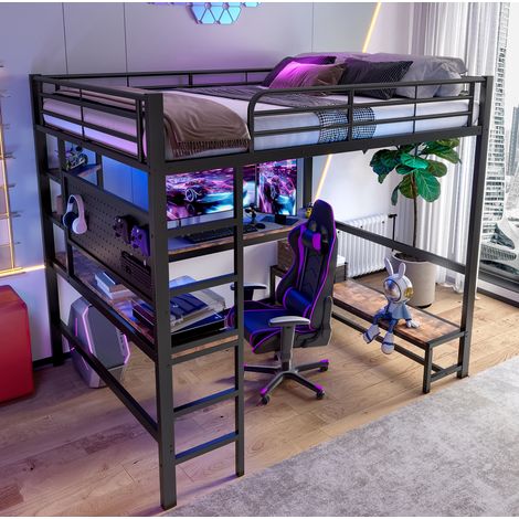 MEUBLIV Hochbett 140x200 cm Schwarz – Schreibtisch, LED, USB-C, ohne Matratze (1/5)