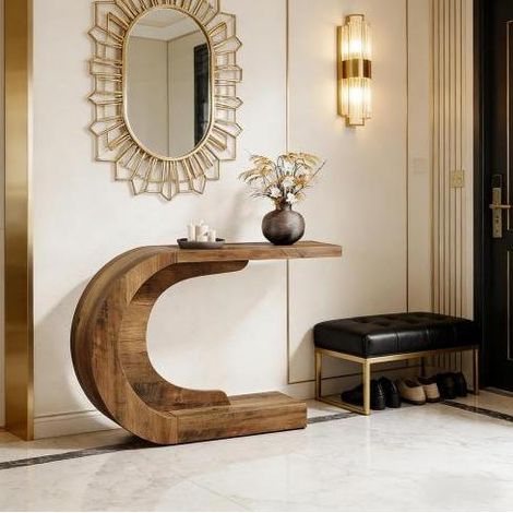 Console 110/35/75 cm marron rustique, design en C en bois (1/5)