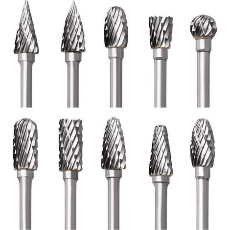 Lot de 10 Double Coupe de fraises rotatives en carbure de tungstène, avec tête de meulage, poignée de 3 mm, Pour Outils Rotatifs Dremel, pour Gravure sur Bois Polissage Métal Verre Céramique Bijoux (1/5)