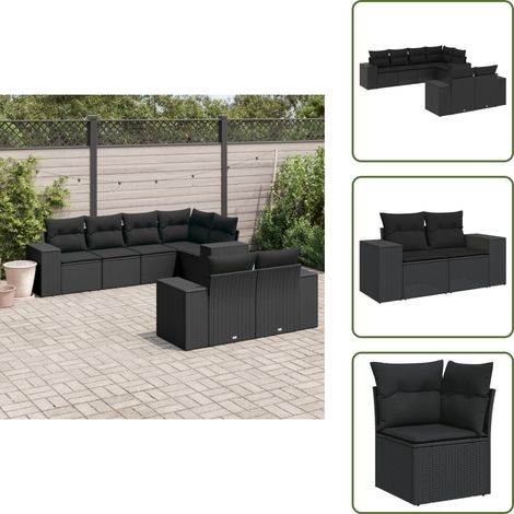 7-tlg. Garten-Sofagarnitur mit Kissen Schwarz Poly Rattan - Gartengestelle - Gartenmöbelset - Outdoor Möbel - Lounge Set - Rattan Gartenmöbel (1/5)