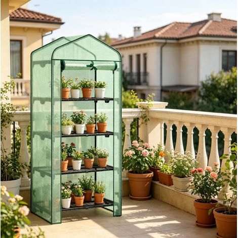 Serra da giardino compatta 70x50x163 cm in PE verde con ripiani per balcone – MEUBLIV (1/5)