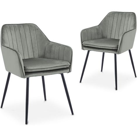 Lot de 2 chaises avec accoudoirs en velours gris pieds noirs EDWIGE (1/5)