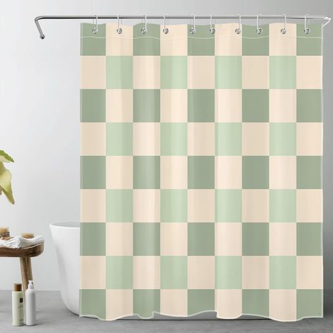 Vert Sauge à Carreaux Rideaux de Douche 150x200cm(LxH) Beige Plaid Rideaux de Bain avec Crochets,Géométrique Abstrait Extra Longue Imperméable Polyester Anti Moule Salle de Bain Décor (1/5)
