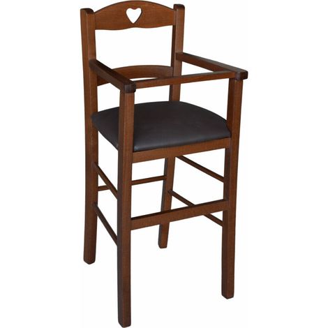 Chaise haute en noyer foncé avec siège rembourré en similicuir brun