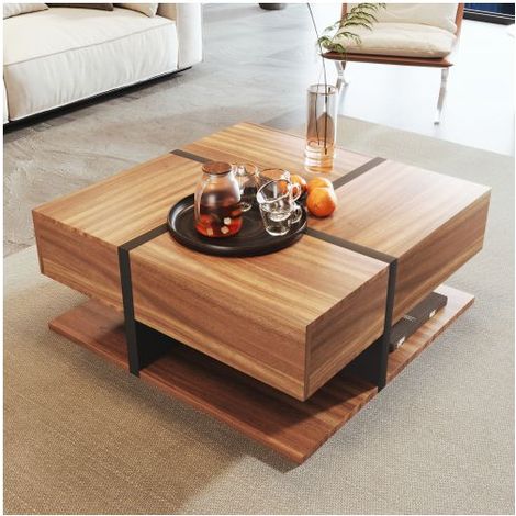 Table basse carrée 78x78x36 cm 4 tiroirs coulissants Espace de rangement moderne Panneau de particules couleur noyer (1/5)