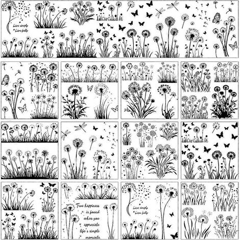 12 feuilles d'autocollants à frotter, thème minimaliste, motif fleurs noires et blanches avec pissenlits et papillons (1/5)