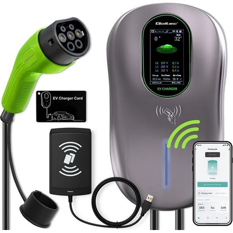 Qoltec Stacja ładowania EV 2w1 Typ2  22kW  LCD  2 Karty EV  3 fazy  Wallbox  Hotel system  5m