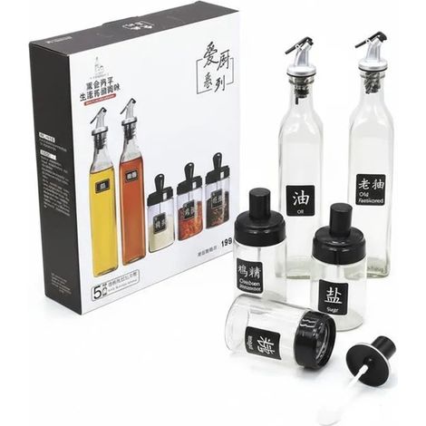 TrAdE Shop Traesio - Set Bottiglie Dispenser Per Olio Barattoli Contenitori Per Condimenti Spezie Da 5pz Cucina - (1/5)