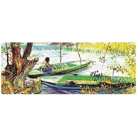 Tapis de souris grand format, motif peinture à l'huile (400 x 900 x 3 mm), avec fermoir, sur le thème du pêcheur.