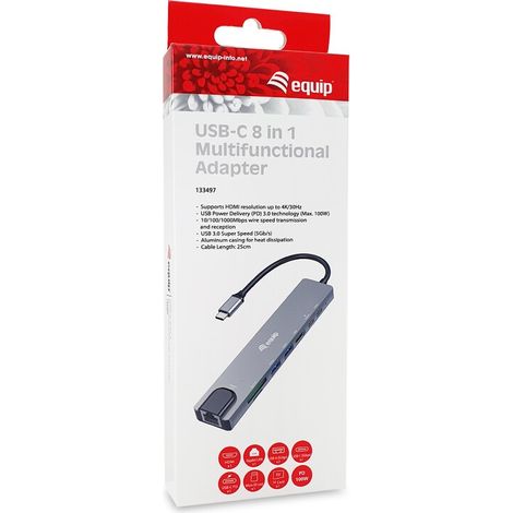 Equip Adapter USB-C-HDMI/GbE/2xUSB-A/+  4K/ 30Hz 0.25m Alu. (133497)