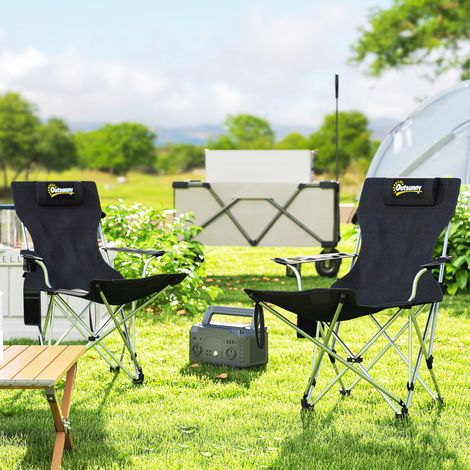 Lot de 2 chaises pliantes de camping/pêche avec repose-pieds amovible et porte-gobelet, charge maximale 120 kg, noires