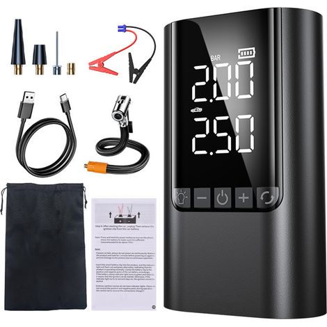 Démarreur de voiture avec pompe à air, batterie de secours 12 V, gonfleur de pneus numérique pour voitures, motos, vélos et ballons, batterie externe portable, lampe LED 6000 mAh, pinces standard (1/5)