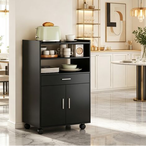 Carrito de cocina para microondas 59x40x92 cm MDF negro con almacenaje y ruedas - CHICFURN (1/5)