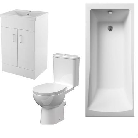 1700mm Bathroom Suite with Square Single Ended Bath Tub, Front Panel, 500mm Vanity Basin Unit and Toilet and Seat - Gloss White