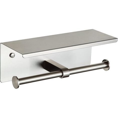 Support double pour papier toilette avec étagère, en nickel brossé, à fixer au mur. (1/3)