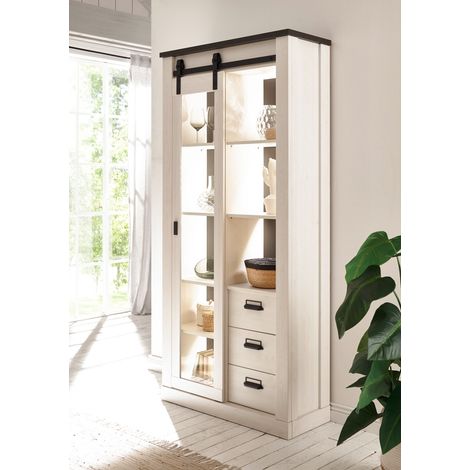 Vitrinenschrank inkl. Beleuchtung SHELTON-61 in Pinie weiß Nb. mit anthrazit, B/H/T: ca. 93/201/38 cm (1/5)