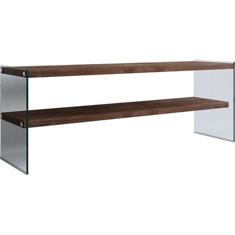 Meuble TV Translucens L120cm Verre trempé Transparent et Pin Massif foncé (1/5)