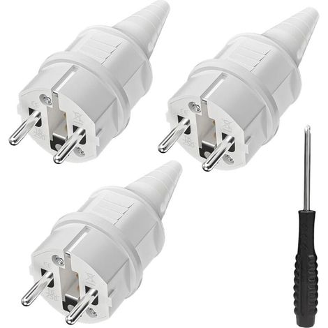 3 fiches de contact de protection avec protection anti-torsion, 250 V (16 A), résistantes aux projections d'eau et longue durée, IP44, blanches.-LIAIKI (1/5)