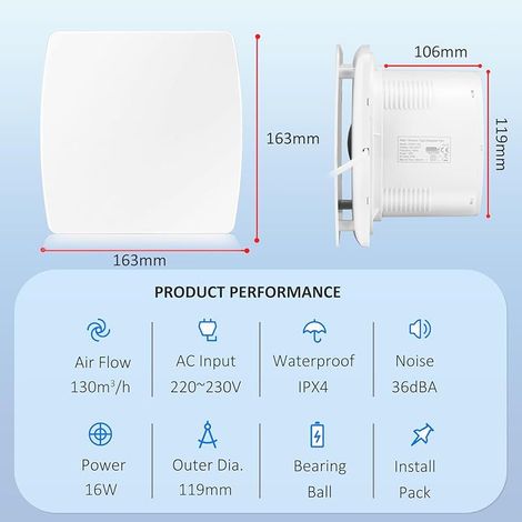 Ø120mm Ventilateur Extracteur d'Air Avec Clapet Anti Retour 320m³/h, pour Cuisine WC Salle de Bain, Blanc (1/5)