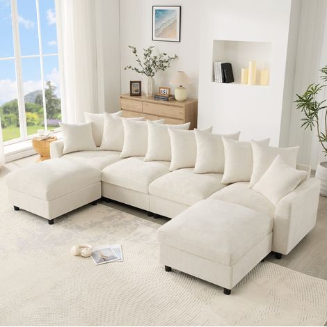 Canapé d’angle modulaire en U/L 6 places avec 2 poufs, USB/Type‑C, beige, REDOM (1/5)