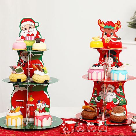 Support À Gâteaux - 3 Niveaux - Design Noël Bonhomme De Neige Père Noël Arbre De Noël - Hauteur 45 Cm - Diamètre Base 27 Cm - En Carton Épais - 1 Pièce (1/5)