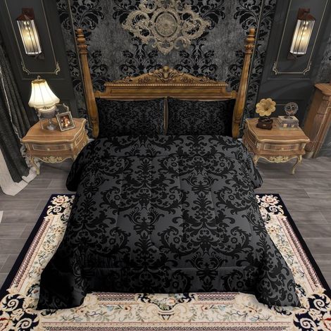 Parure de lit damassée Noire pour Adultes Couette en Duvet Style Baroque Victorien Motif Floral Gothique Vintage Literie Exotique matelassée Décoration de Chambre à Coucher 2 (1/5)