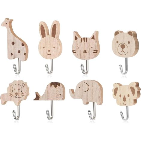 Lot de 8 Crochets Adhésifs Animaux - Éléphant, Baleine, Chat, Lion, Lapin, Girafe pour Enfants - Crochets de Rangement à Fixation Murale (1/5)